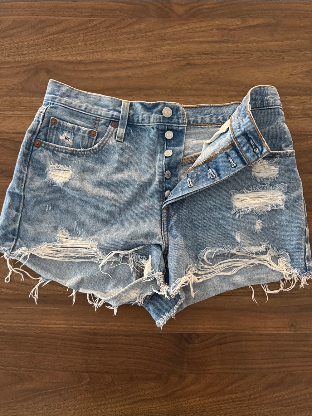Levi's Light Blue Distressed High-Rise Denim Shorts